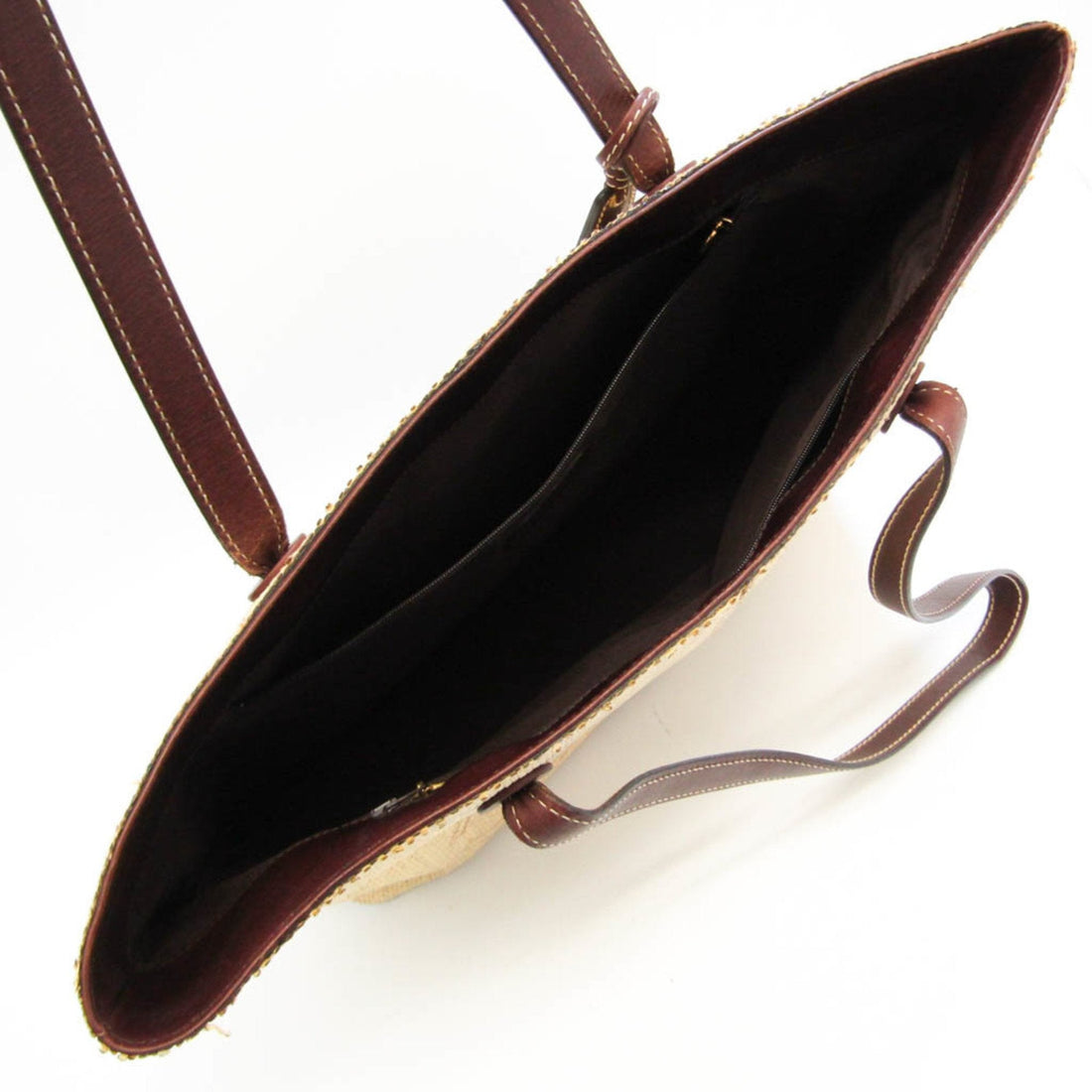 Chanel Coco Mark Women's Straw,Leather Tote Bag Beige,Dark Brown