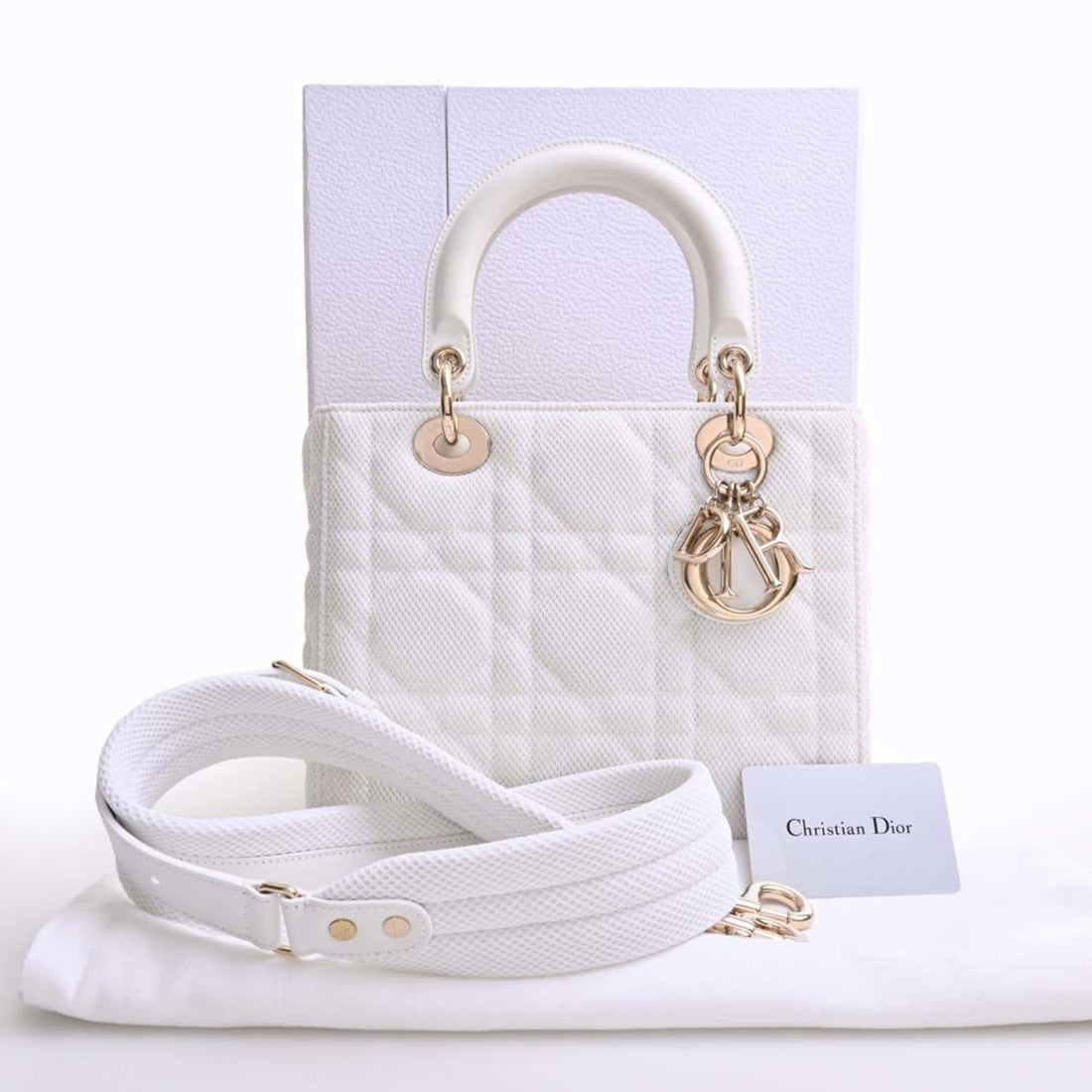CHRISTIAN DIOR LADY D-LITE Cannage Canvas Leather Medium 2WAY Handbag M0565OTID White Ladies