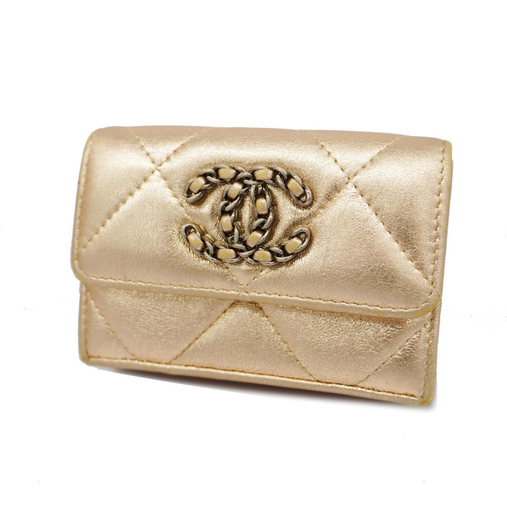 Chanel Tri-fold Wallet Matelasse Lambskin Champagne Gold Women's