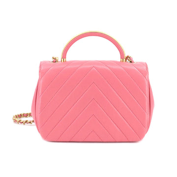 Chanel Chevron V Stitch Top Handle 2way Hand Shoulder Bag Leather Pink