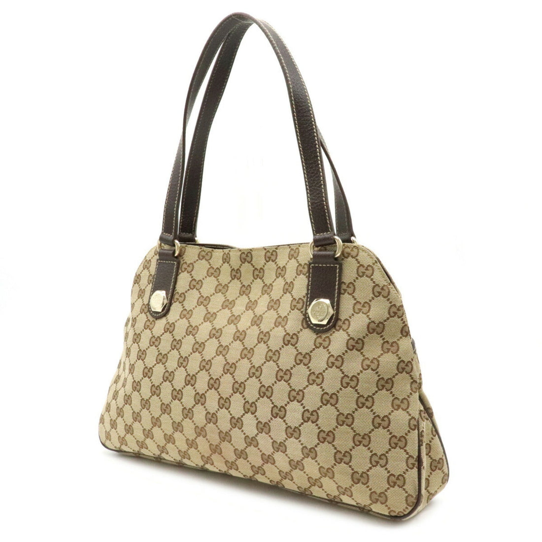 Gucci GG canvas tote bag shoulder leather khaki beige dark brown 163288