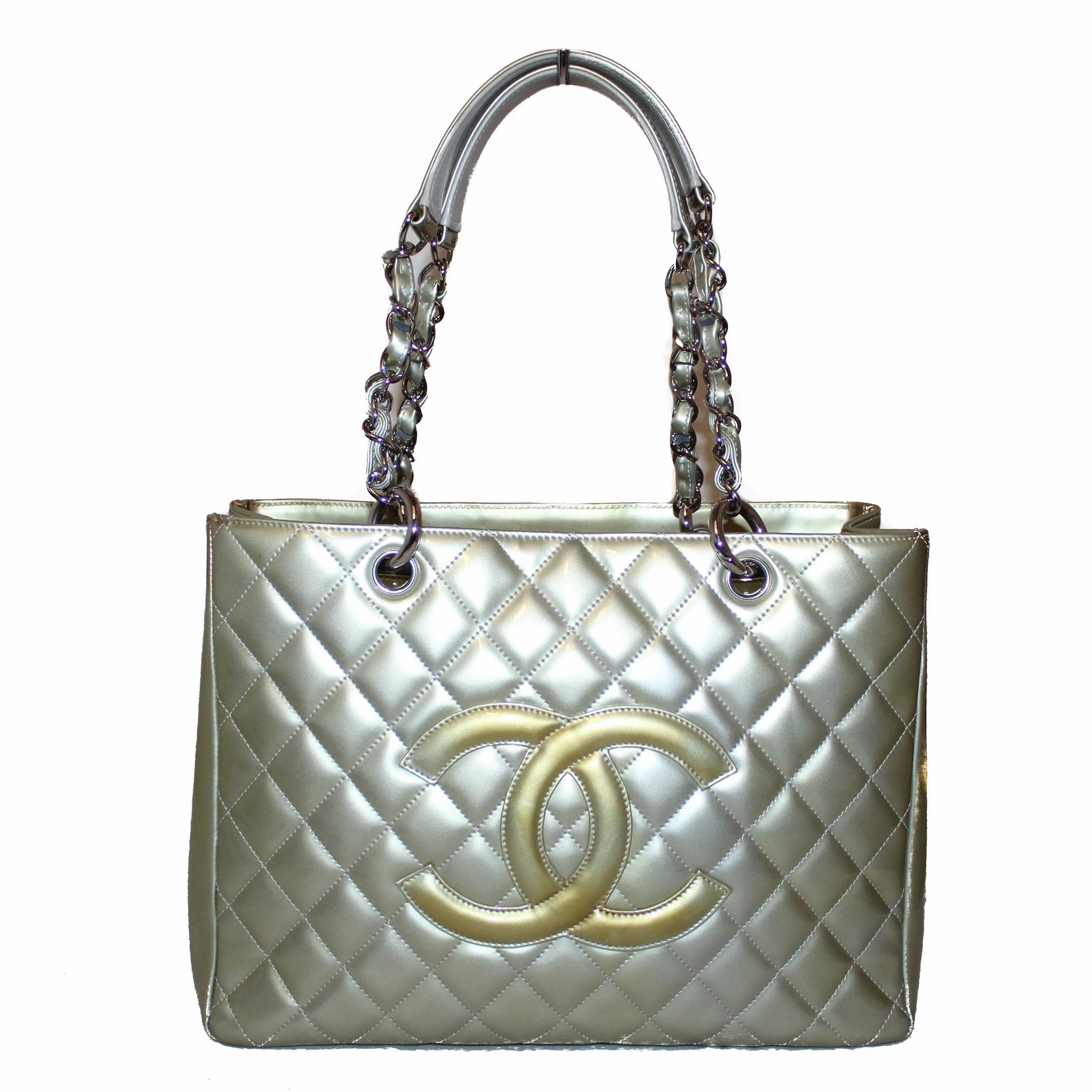 Chanel Silver Patent Quilted Leather Large Grand Shopping Tote Shoulder Bag