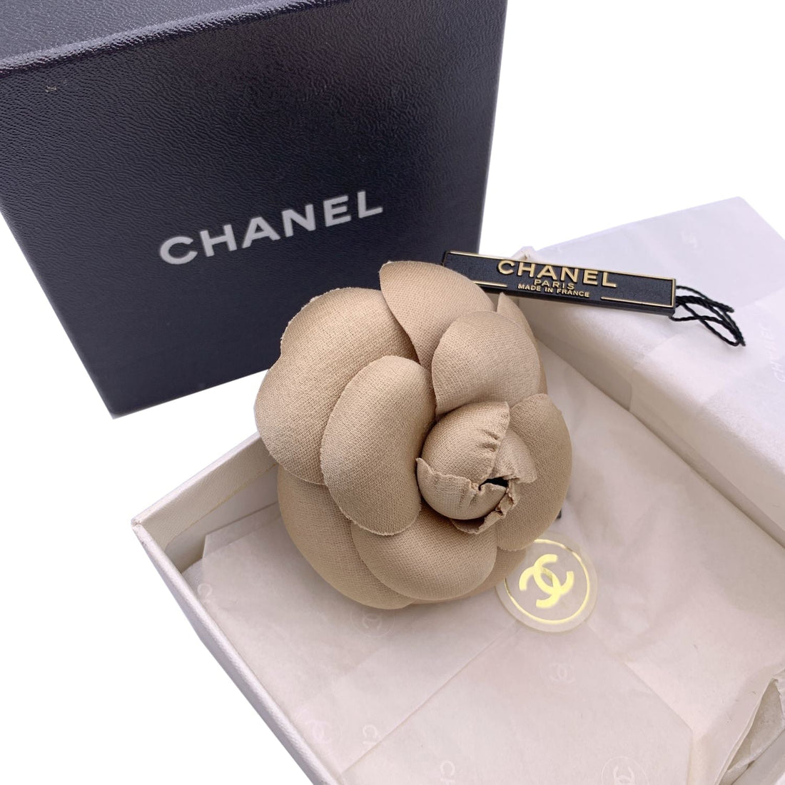 CHANEL Vintage Beige Fabric Camelia Camellia Flower Brooch Pin