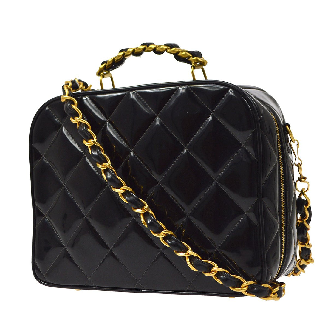 CHANEL 1994-1996 Black Patent Leather Quilted 2way Bag Medium AK38569i