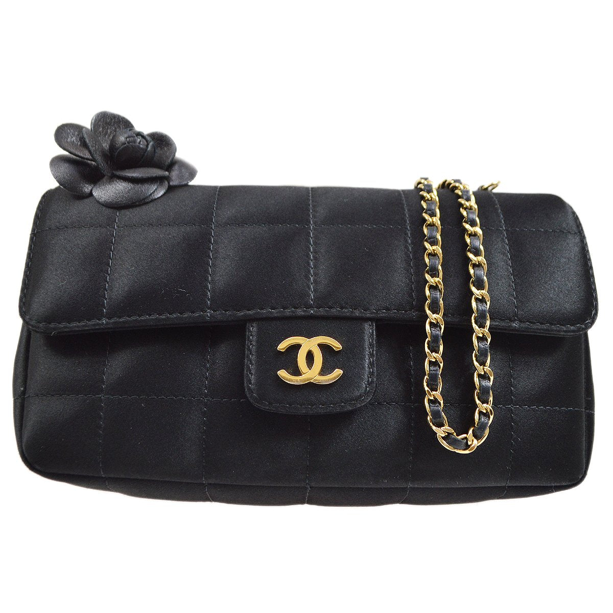 CHANEL 2009-2010 Camellia Choco Bar Single Chain Shoulder Bag Black Satin 51050