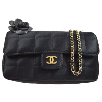 CHANEL 2009-2010 Camellia Choco Bar Single Chain Shoulder Bag Black Satin 51050