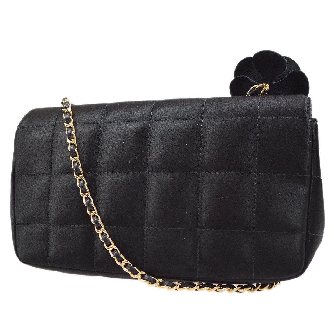 CHANEL 2009-2010 Camellia Choco Bar Single Chain Shoulder Bag Black Satin 51050
