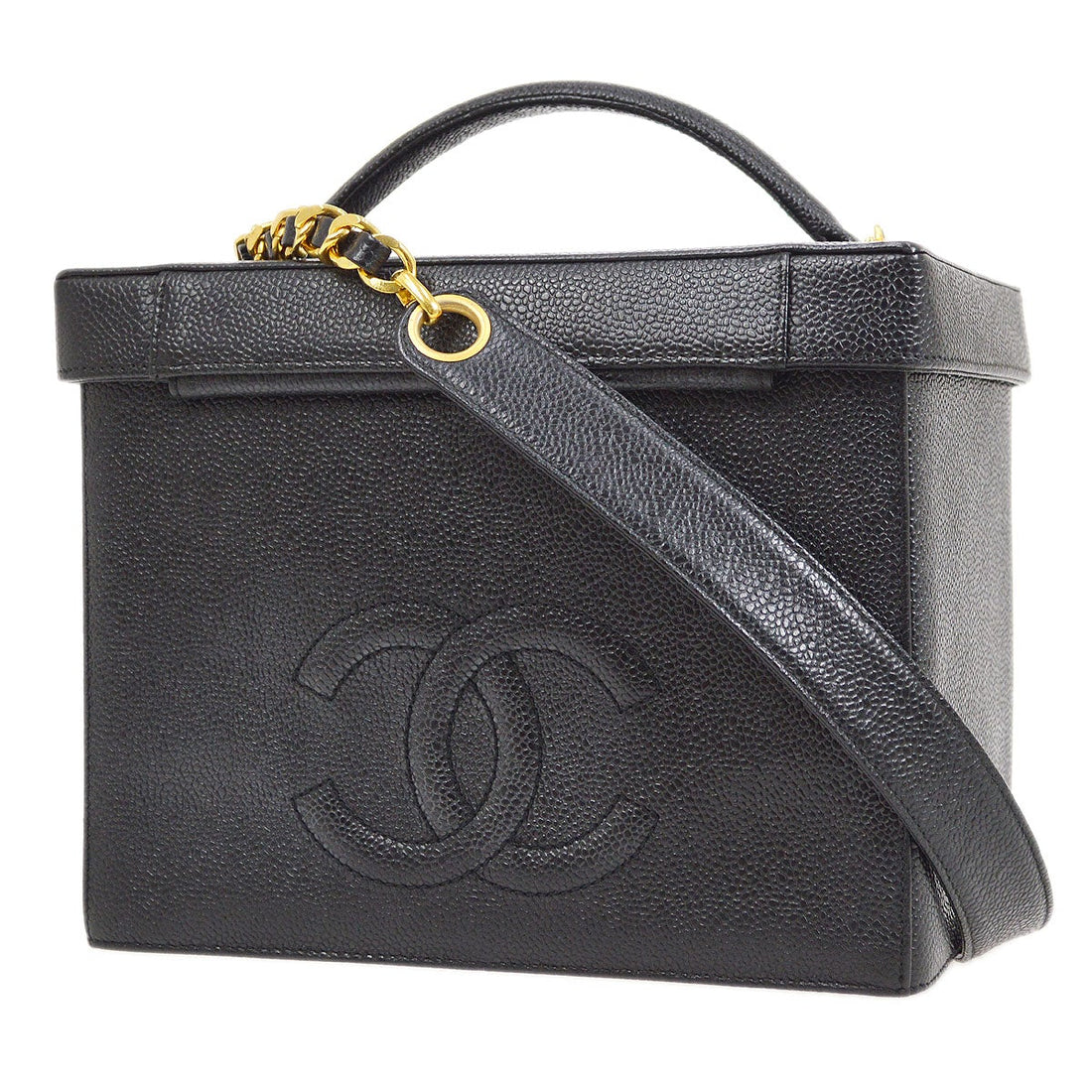 CHANEL 1994-1996 Circled CC Vanity Handbag Black Caviar 01531