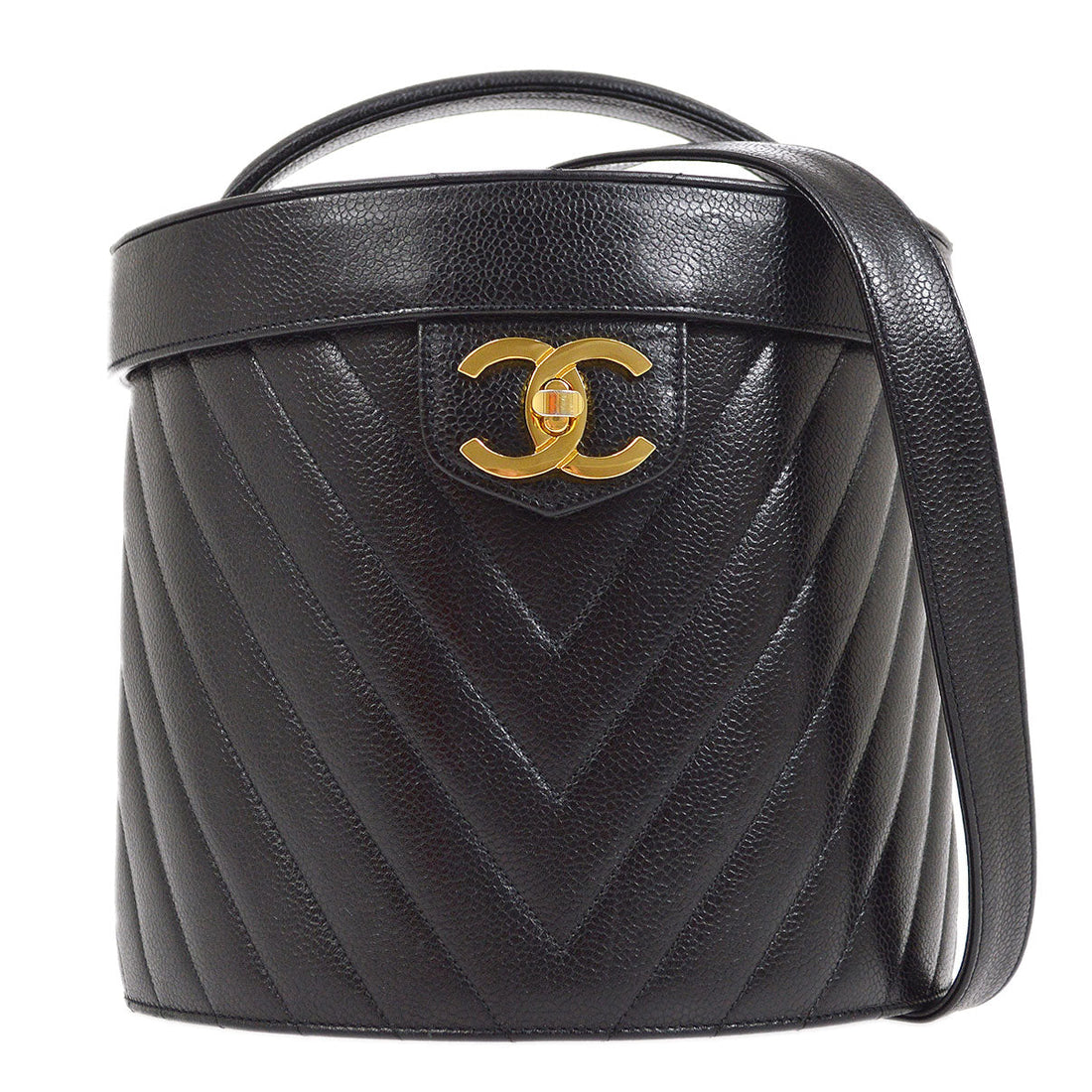 CHANEL 1996-1997 Black Caviar Chevron Vanity Handbag 63947