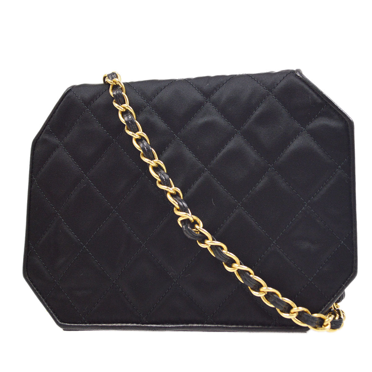 CHANEL? 1989-1991 Black Satin Octagonal Flap Bag A41381c