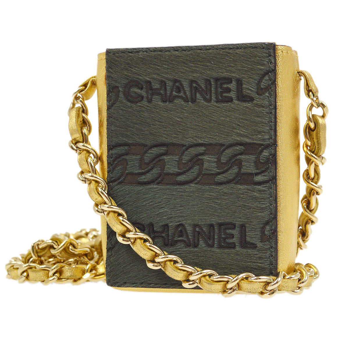CHANEL 2000-2001 Chain Mini Shoulder Pochette Pony Hair Khaki