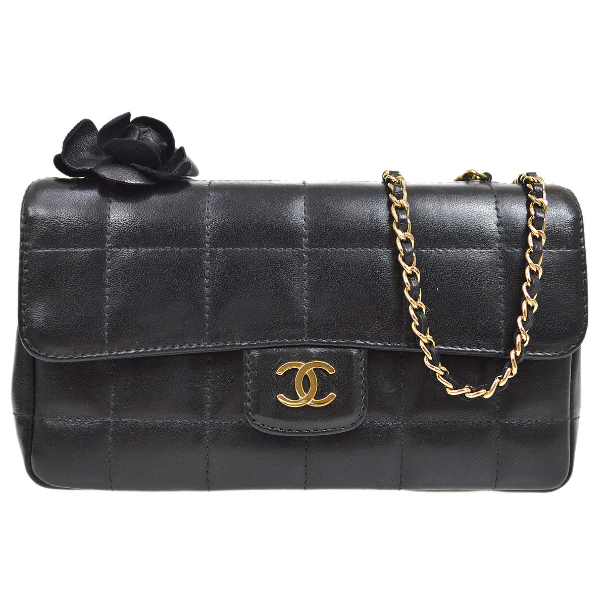 CHANEL 2003-2004 Camellia Choco Bar Shoulder Bag Mini Black Lambskin 15690