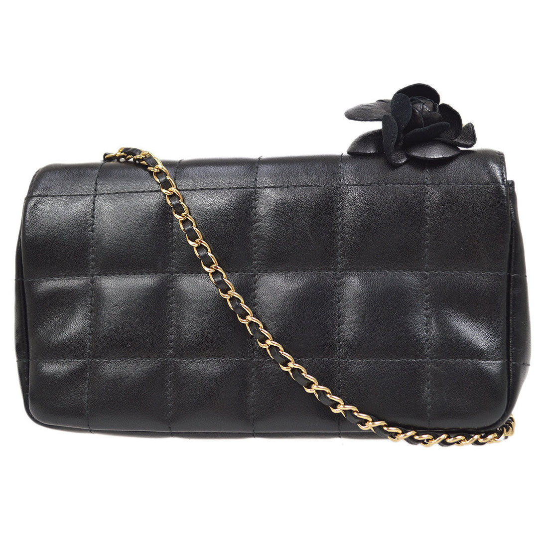 CHANEL 2003-2004 Camellia Choco Bar Shoulder Bag Mini Black Lambskin 15690