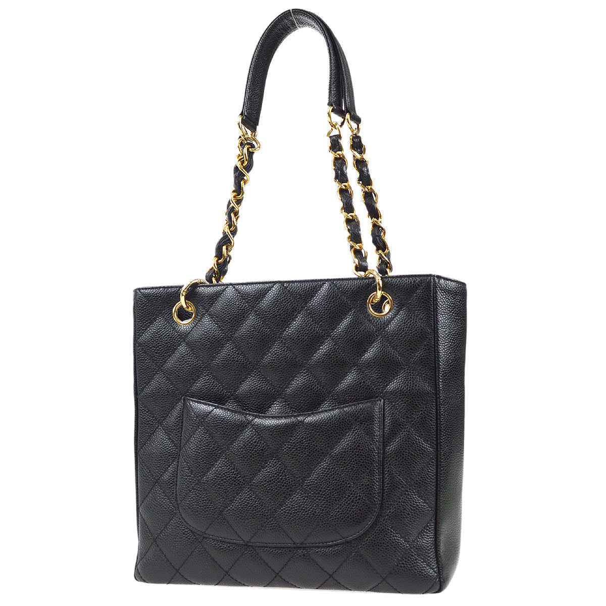 Chanel 2005-2006 Petite Shopping Tote PST Chain Hand Tote Bag Black Caviar