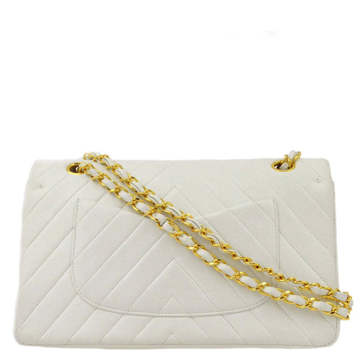 Chanel White Lambskin V Stitch Medium Classic Double Flap Shoulder Bag