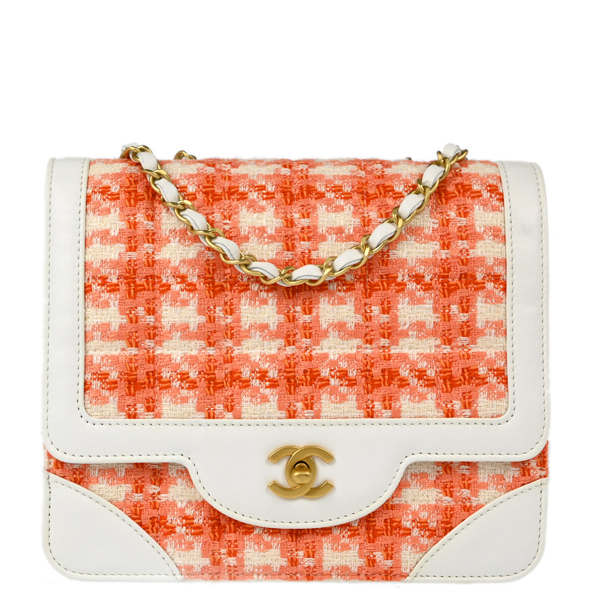 Chanel White Orange Tweed Single Flap Shoulder Bag