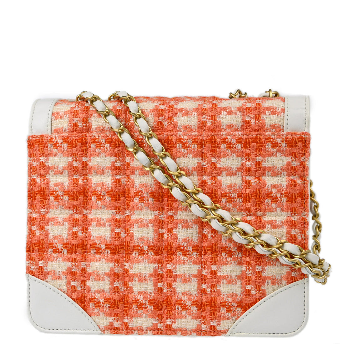 Chanel White Orange Tweed Single Flap Shoulder Bag