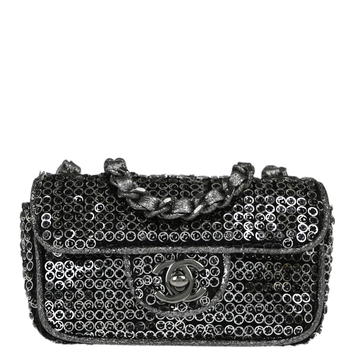 Chanel Silver Black Sequins Classic Single Flap Shoulder Bag