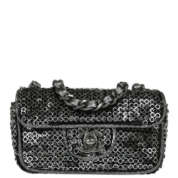 Chanel Silver Black Sequins Classic Single Flap Shoulder Bag