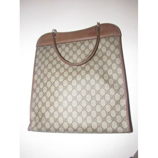 Gucci Vintage Brown Large G Logo Print Coated Canvas And Brown Leather Tote