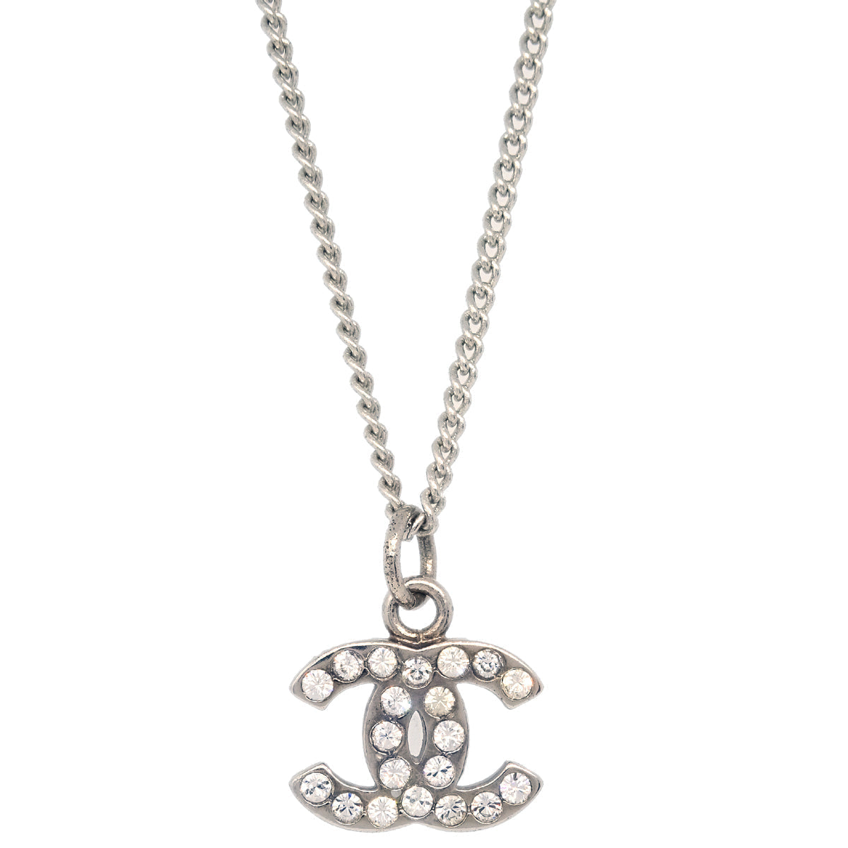 Chanel Silver Necklace Pendant Rhinestone 07V