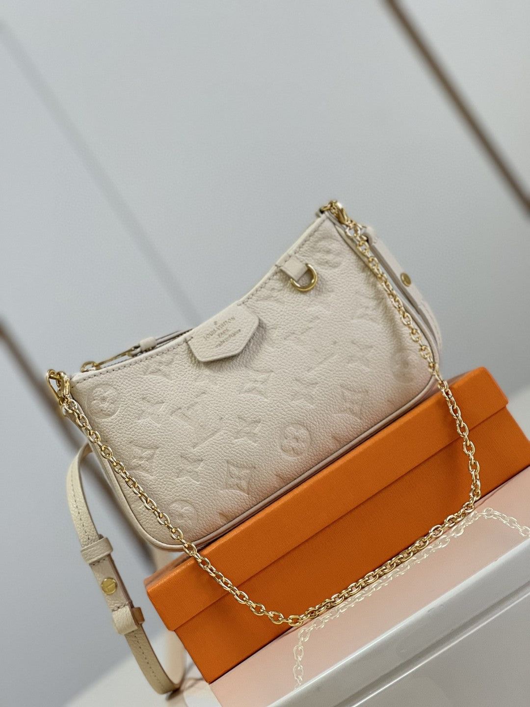 LV Easy Pouch On Strap Monogram Empreinte Crème White For Spring, Womtlm’s Handbags, Shoulder Bags 7.5in/19cm LV M81066