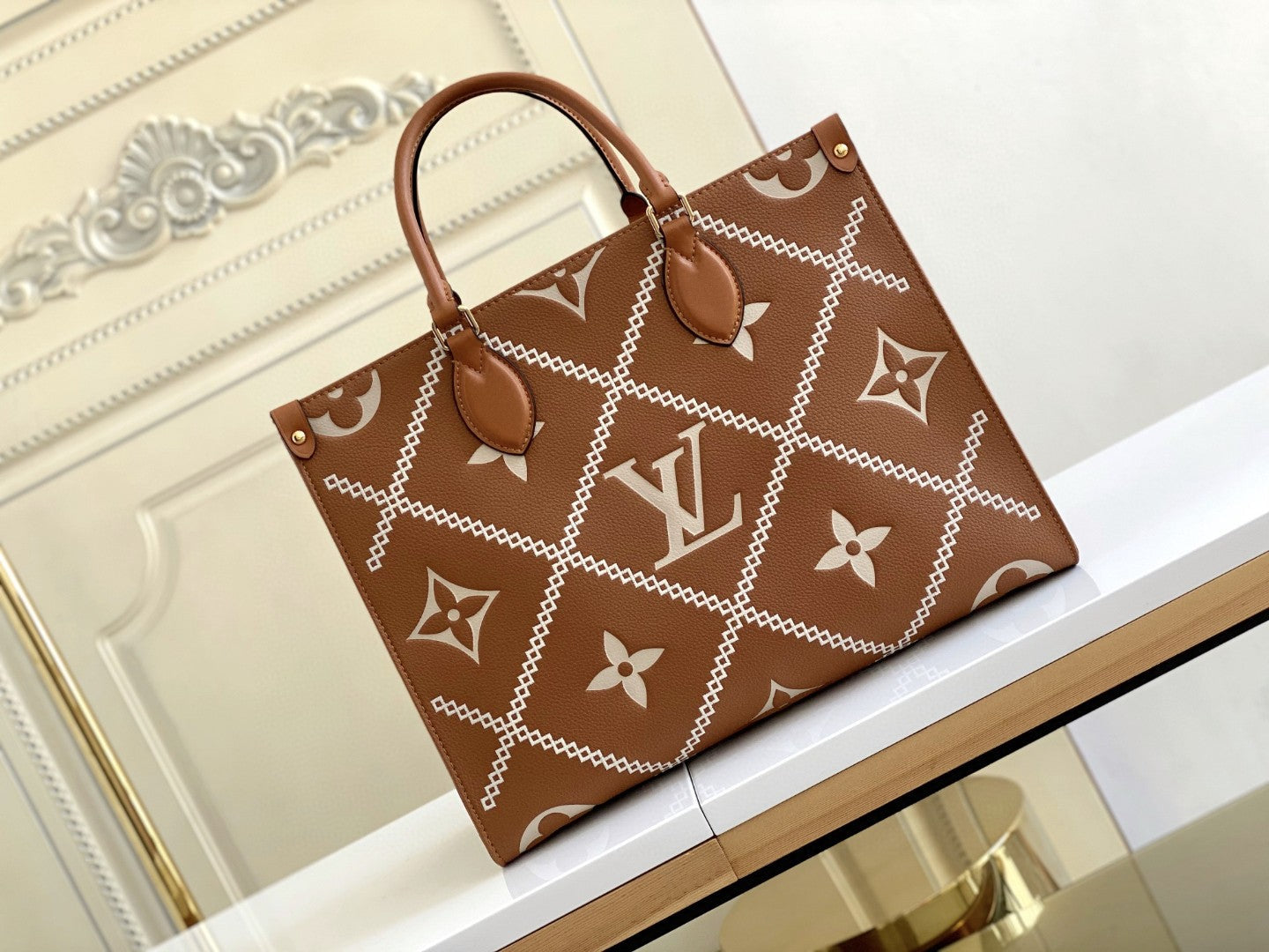 LV Onthego MM Tote Bag Monogram Empreinte Arizona Brown For Womtlm, Womtlm Handbags, Shoulder Bags And Crossbody Bags 13.8in/35cm LV M46015