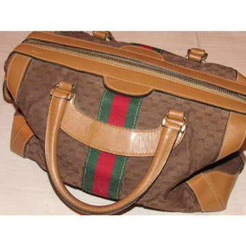 Gucci Vintage Dark Brown Small G Logo Print Fabric And Camel Leather With Red