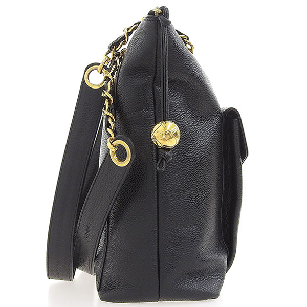 CHANEL Around 1995 Made Caviar Skin Turn-Lock Chain Tote Bag Black