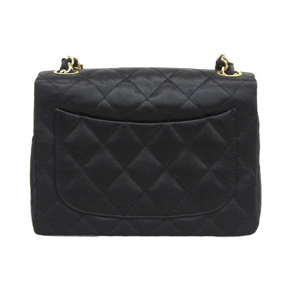 CHANEL Around 1985 Made Silk Satin Classic Flap Chain Bag Mini Black