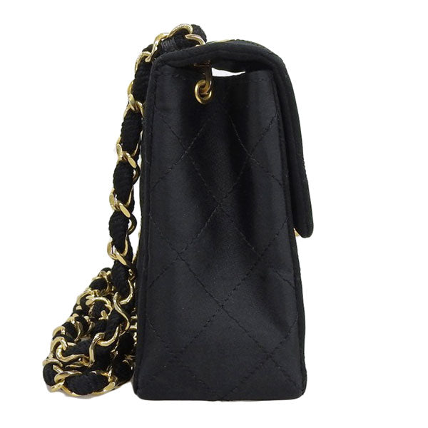 CHANEL Around 1985 Made Silk Satin Classic Flap Chain Bag Mini Black
