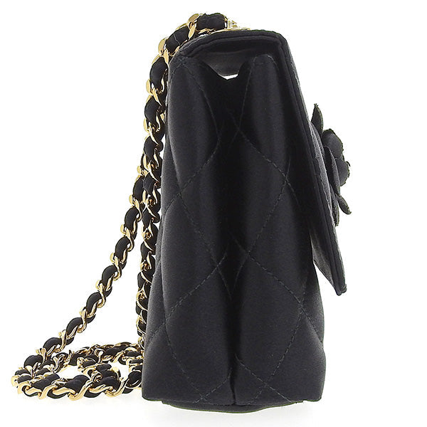 CHANEL Around 1997 Made Silk Satin Camellia Motif Mini Chain Bag Black