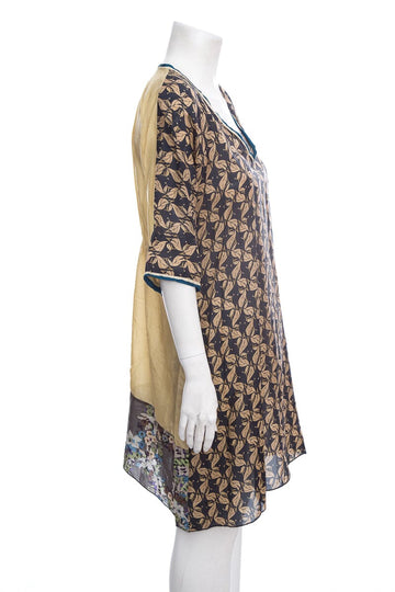 Johnny Was Gold & Black Printed Silk Short Sleeve Dress SZ XS