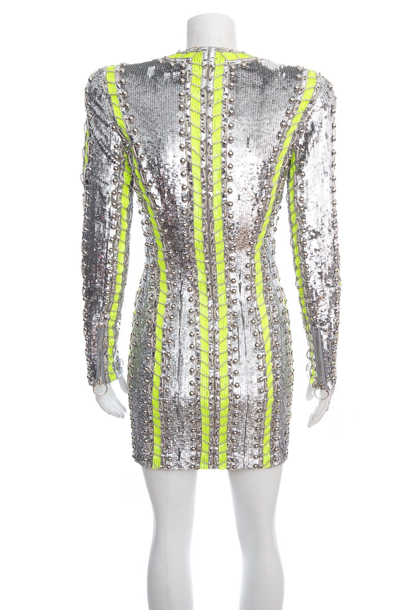 Balmain Silver & Green Sequins Embellished Dress SZ 38