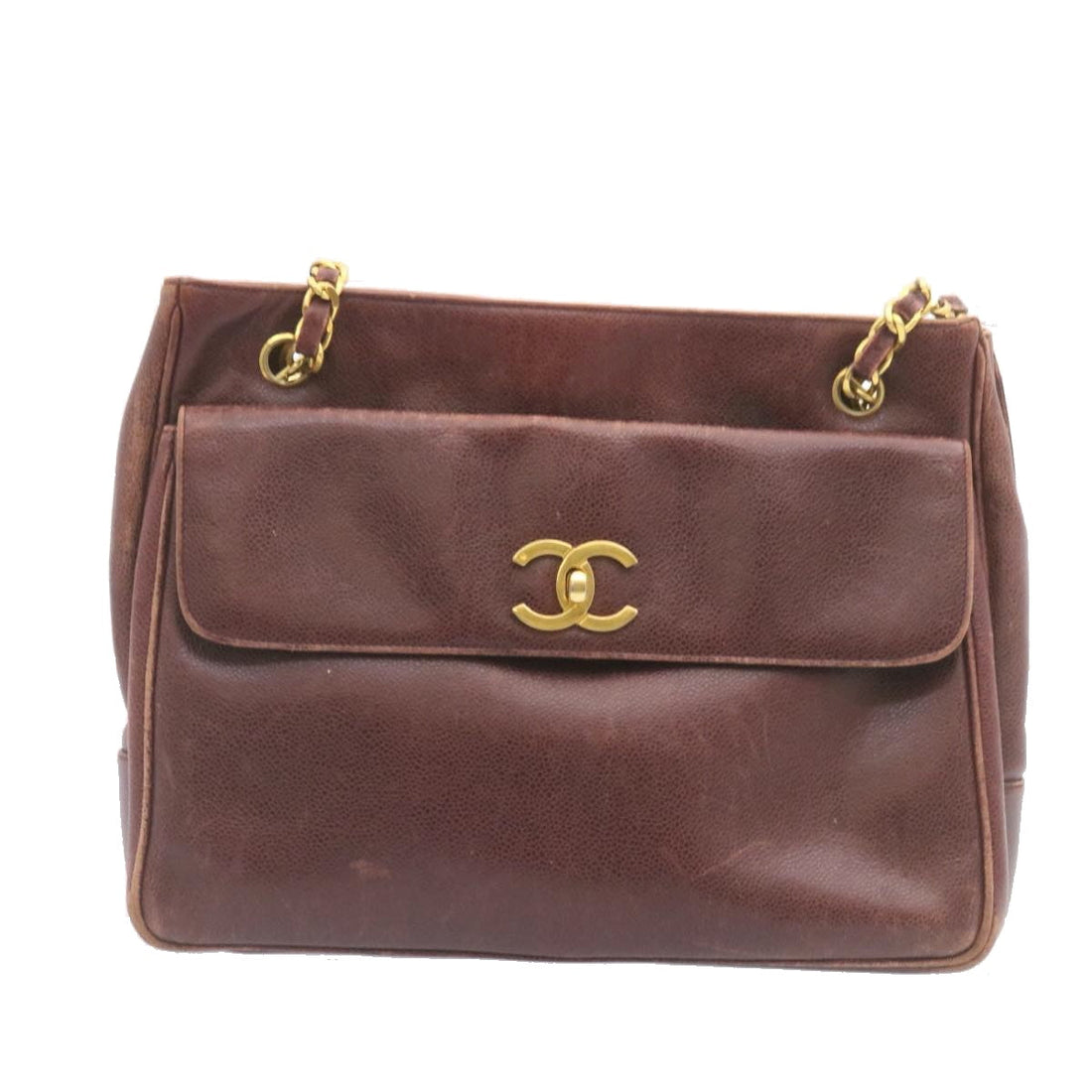 Chanel Caviar Skin Turn Lock Chain Shoulder Bag Bordeaux CC Auth 24807A