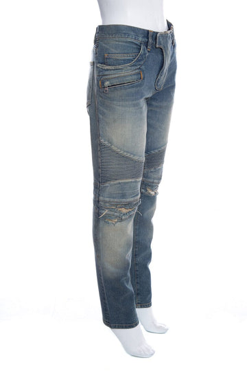 Balmain Destroyed Denim Moto Jeans SZ 34