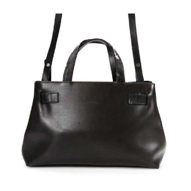 Furla, two handle, two-way style- cross body, shoulder or satchel style bag in a dark brown leather with chrome hardware