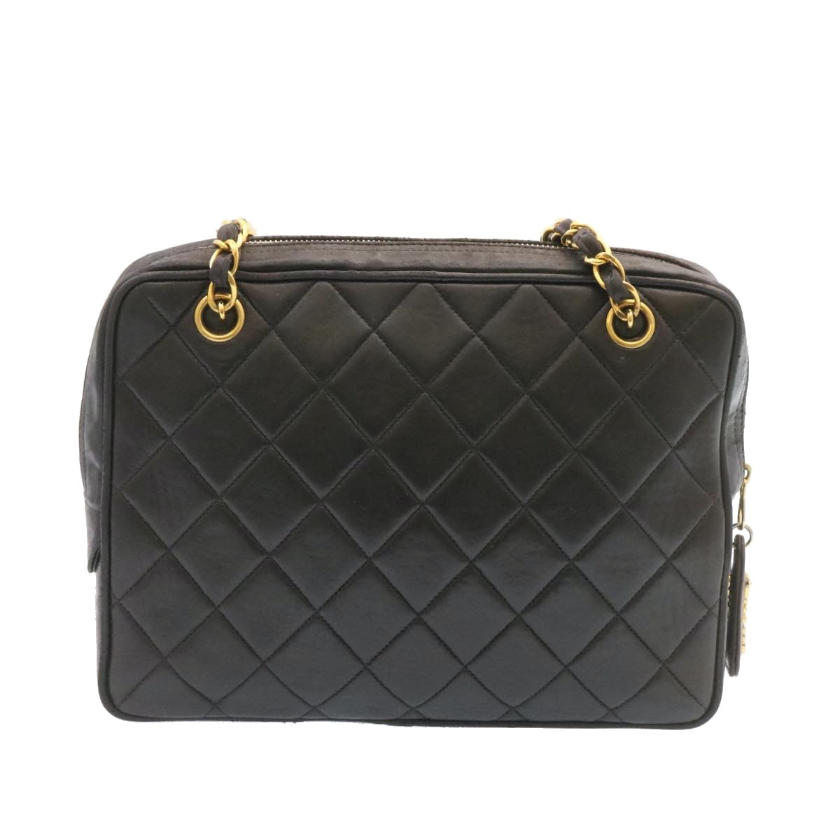 Chanel Lamb Skin Matelasse Chain Shoulder Bag Black Gold CC Auth 26128A