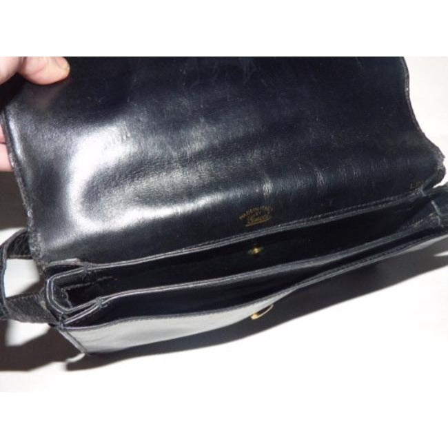 Gucci, black, glossy leather, large, multiple compartment, envelope top, shoulder bag with inlaid red/blue stripe and buckles & unique strap