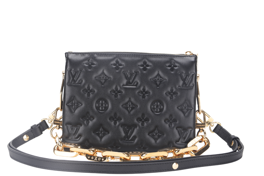 LOUIS VUITTON COUSSIN BB NOIR MONOGRAM EMBOSSED PUFFY LAMBSKIN (M21259) GOLD HARDWARE WITH CHAIN, STRAP, DUST COVER AND BOX