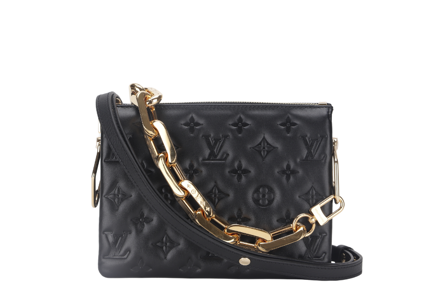 LOUIS VUITTON COUSSIN BB NOIR MONOGRAM EMBOSSED PUFFY LAMBSKIN (M21259) GOLD HARDWARE WITH CHAIN, STRAP, DUST COVER AND BOX
