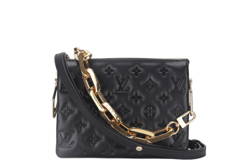 LOUIS VUITTON COUSSIN BB NOIR MONOGRAM EMBOSSED PUFFY LAMBSKIN (M21259) GOLD HARDWARE WITH CHAIN, STRAP, DUST COVER AND BOX