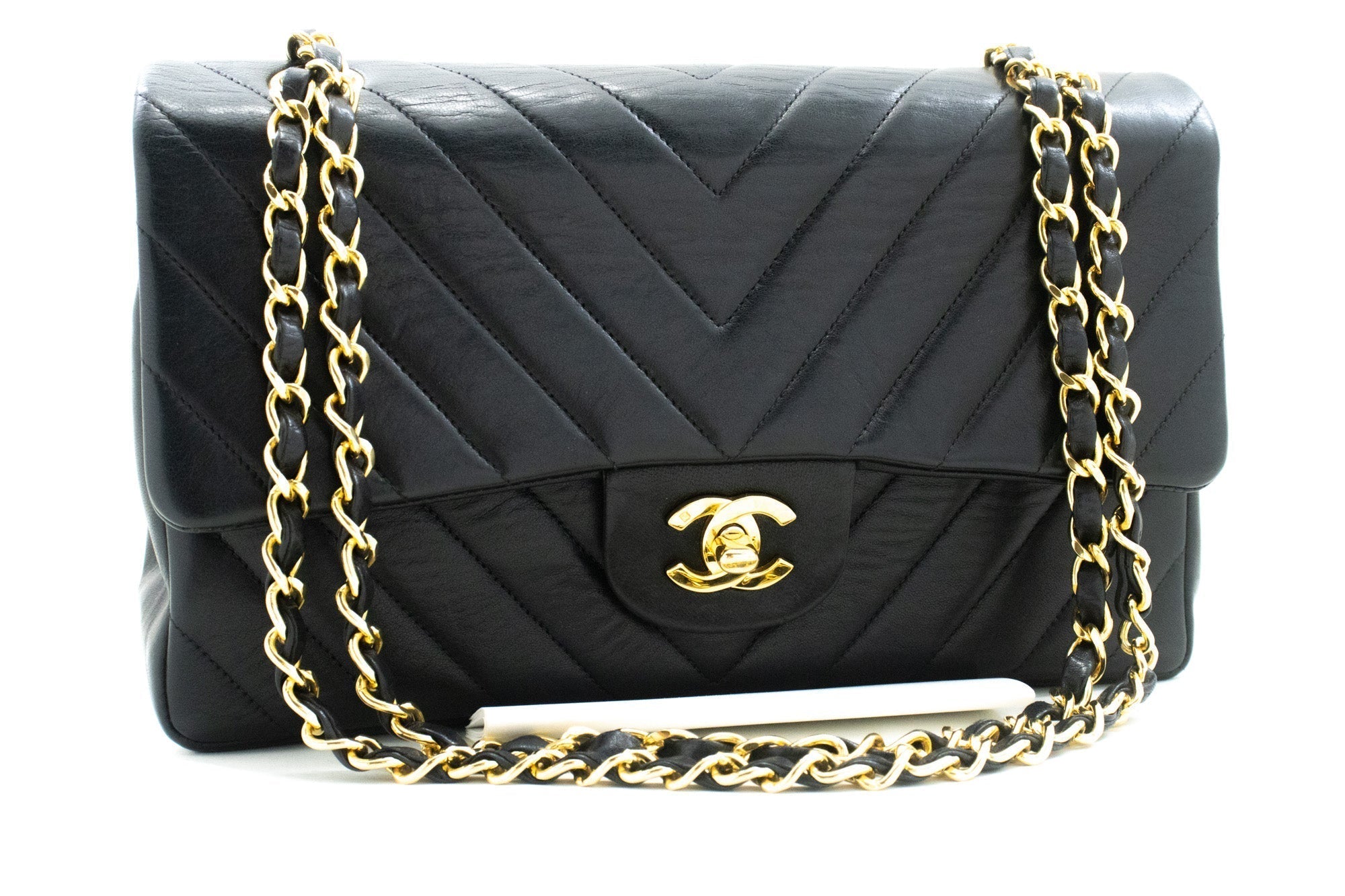 CHANEL V-Stitch Double Flap 10" Chain Shoulder Bag Black Lambskin