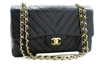 CHANEL V-Stitch Double Flap 10" Chain Shoulder Bag Black Lambskin