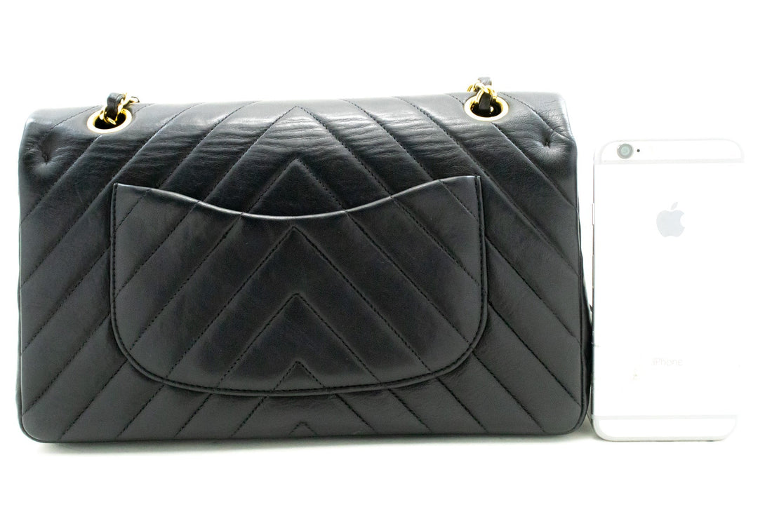 CHANEL V-Stitch Double Flap 10" Chain Shoulder Bag Black Lambskin