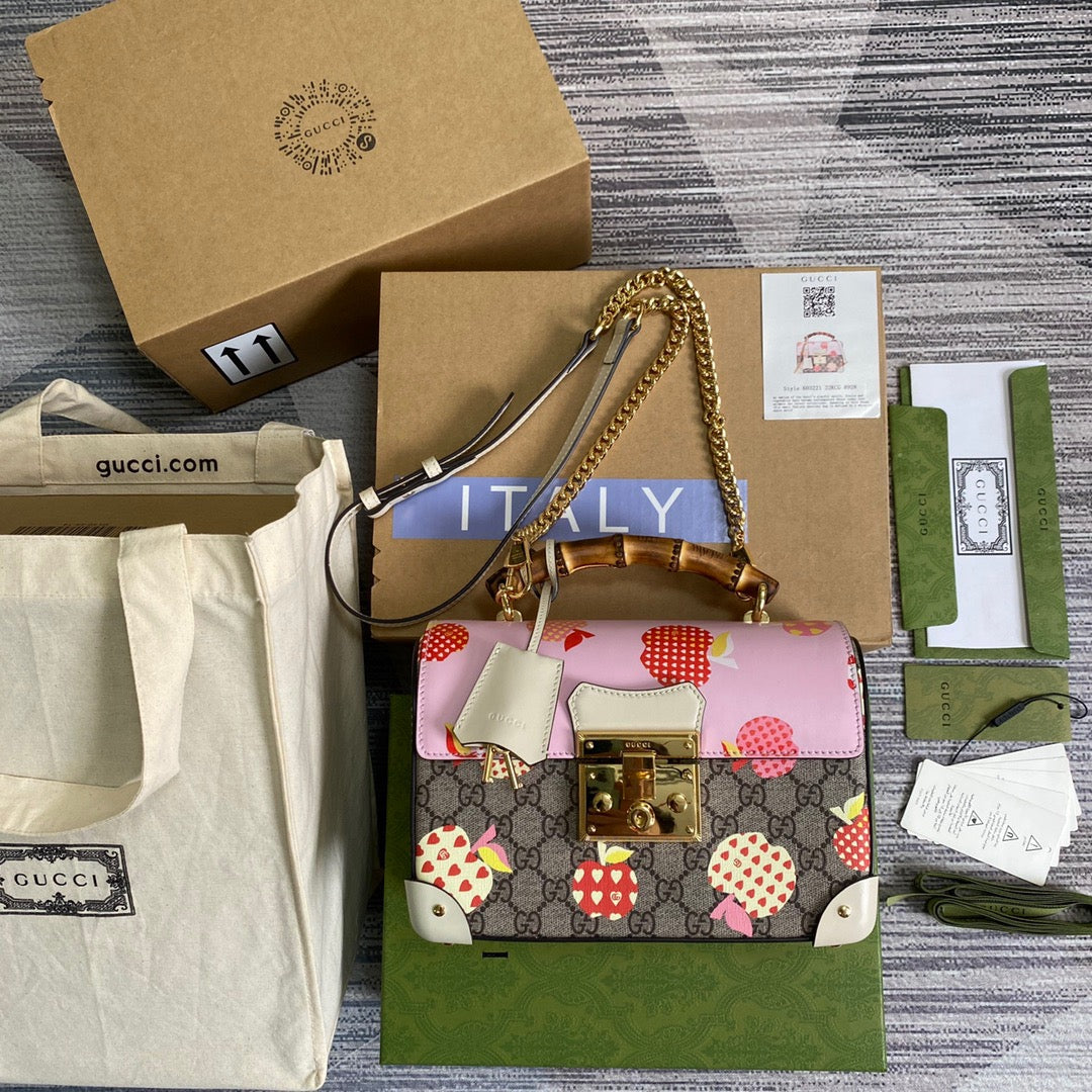 gg Padlock gg Small amboo Strawberry Shoulder Bag Beige For Women, Women&#8217;s Bags 9.5in/24cm gg