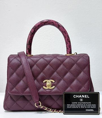 Chanel Small Coco Handle Elaphe Leather Handle Burgundy