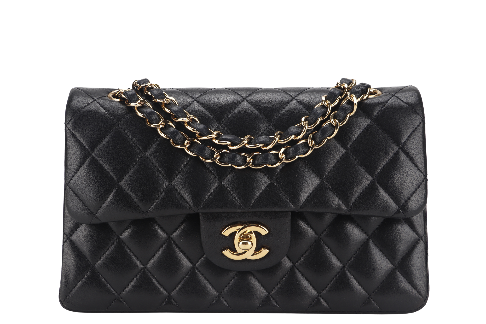 CHANEL CLASSIC FLAP SMALL BLACK LAMBSKIN & GOLD HARDWARE WITH  (1547xxxx) WITH DUST COVER AND BOX
