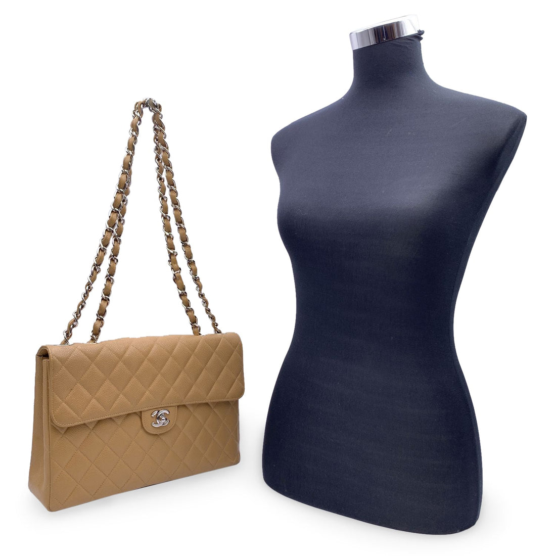 CHANEL Vintage Beige Quilted Caviar Jumbo Timeless Classic Flap Bag