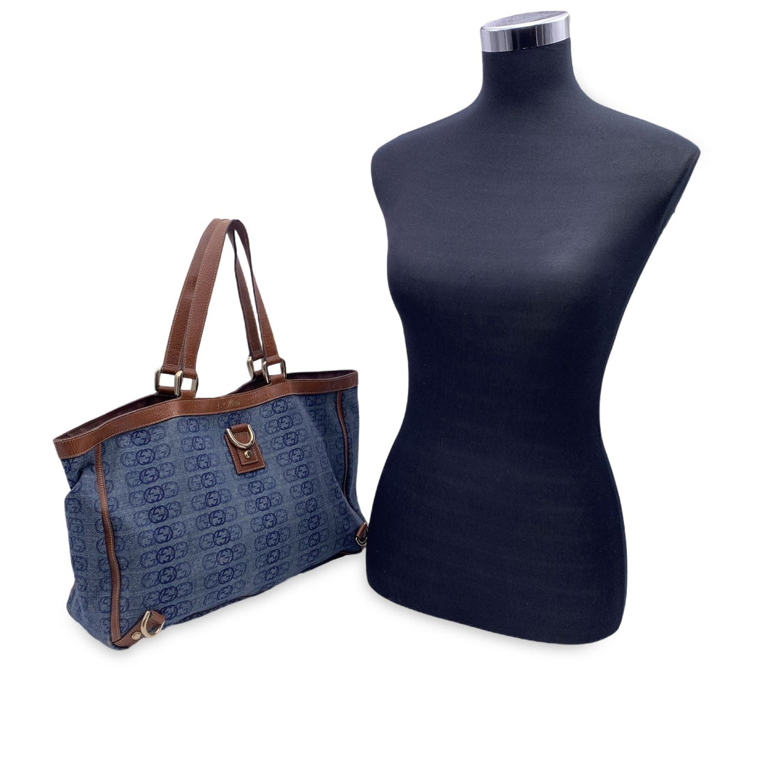 GUCCI Blue Logo Denim And Leather Abbey D-Ring Tote Bag